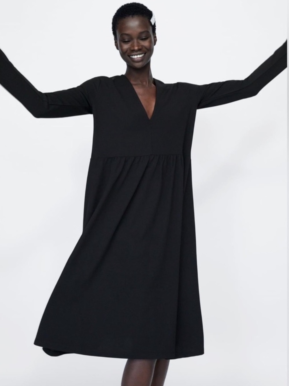 Zara Black V-Neck Long Dress Empire Waist Long Sleeve Size Large